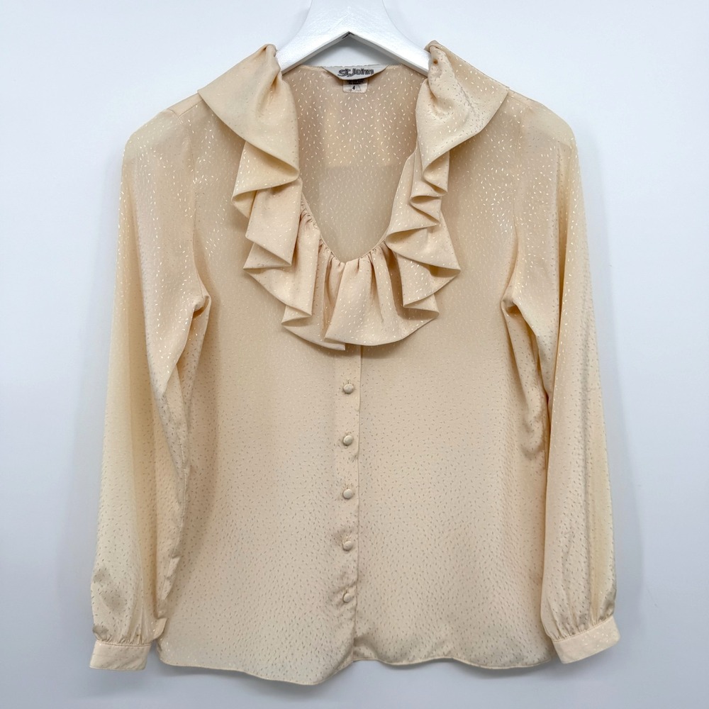 Vintage St John Top Shirt Blouse Size 4 Ruffle Collar Quiet Luxury Coquette Smal